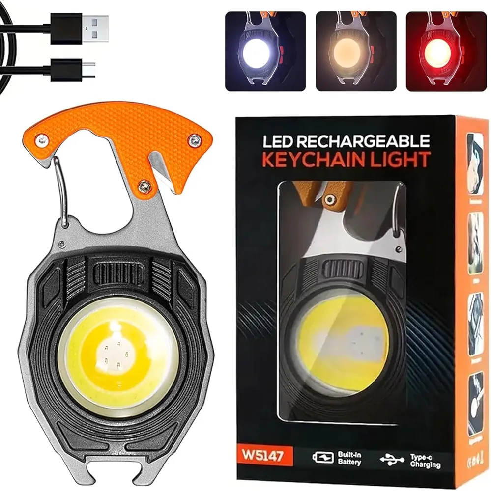 Keychain LED Flashlights – Rechargeable Torch with 7 Light Modes, Lighter, Whistle, Screwdriver, Bottle Opener, Magnet Base, 800 Lumens COB Light for Camping and Outdoor Emergency