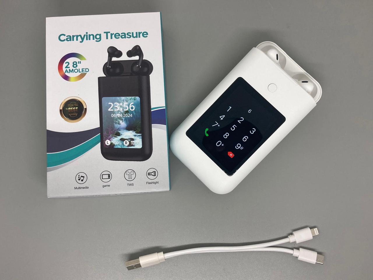 A98 Box Power Bank with 2in1 Earbuds, Large Screen Touch Control, LED Flashlight, HiFi Stereo for Music & Gaming
