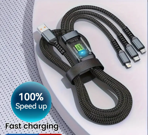 Transparent Luminous Super Fast Charging 3-in-1 Data Cable, 3 in 1 Data Cable, Multi Charging Cable, Portable Data Cable - Durable Nylon Braided USB-C